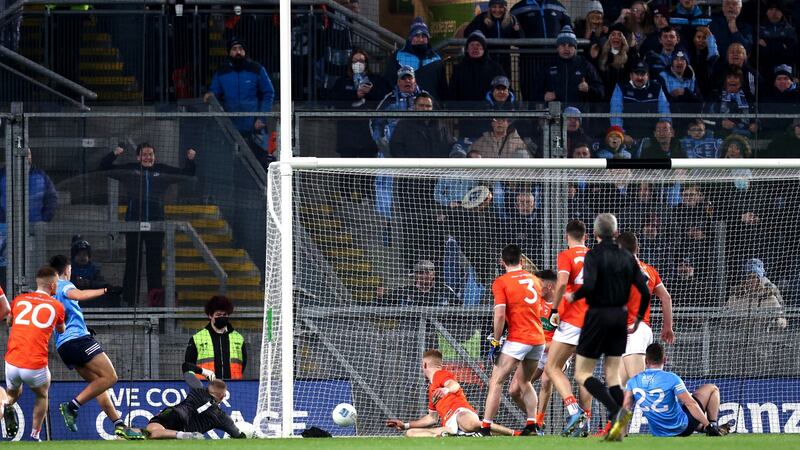 Dublin’s Lorcan O’Dell scores his side’s first goal in their defeat to Armagh. Photograph: Tom Maher/Inpho