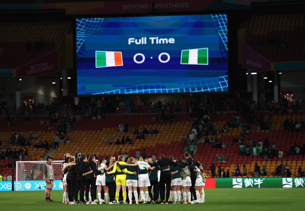 Republic of Ireland squad in a huddle following the final World Cup group game against Nigeria at Brisbane Stadium, Brisbane. Photograph: Isabel Infantes/PA