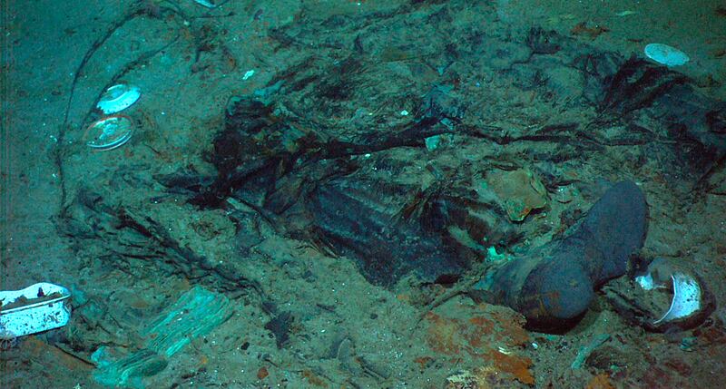 The remains of a coat and boots in the mud on the seabed near the Titanic’s stern. File photograph: AP/Institute for Exploration, Centre for Archaeological Oceanography/University of Rhode Island/NOAA Office of Ocean Exploration