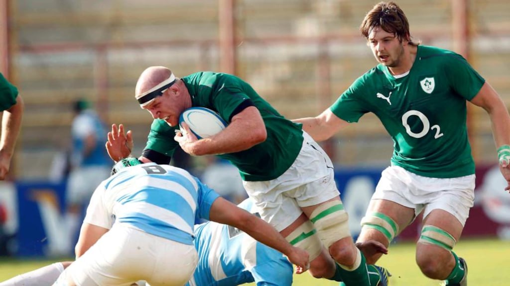 Paul O’Connell supported by Iain Henderson is tackled by Argentina’s Benjamin Macome during the first Test at Estadio Centenario in Resistencia on Saturday. Photograph: Billy Stickland/Inpho