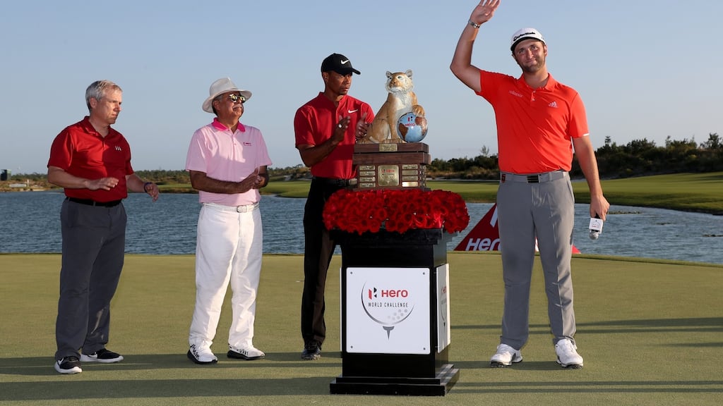 Jon Rahm of Spain poses with the trophy after winning the Hero World Challenge at Albany, Bahamas. Photograph: Rob Carr/Getty Images