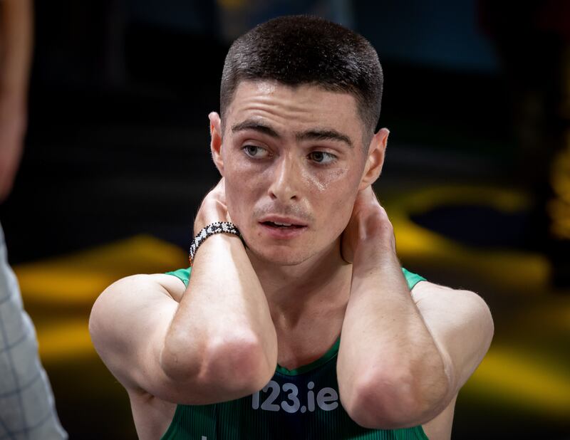 Darragh McElhinney after finishing fourth in the men’s 3,000m final at the 2023 European Athletics Indoor Championships in Istanbul. Photograph: Morgan Treacy/Inpho