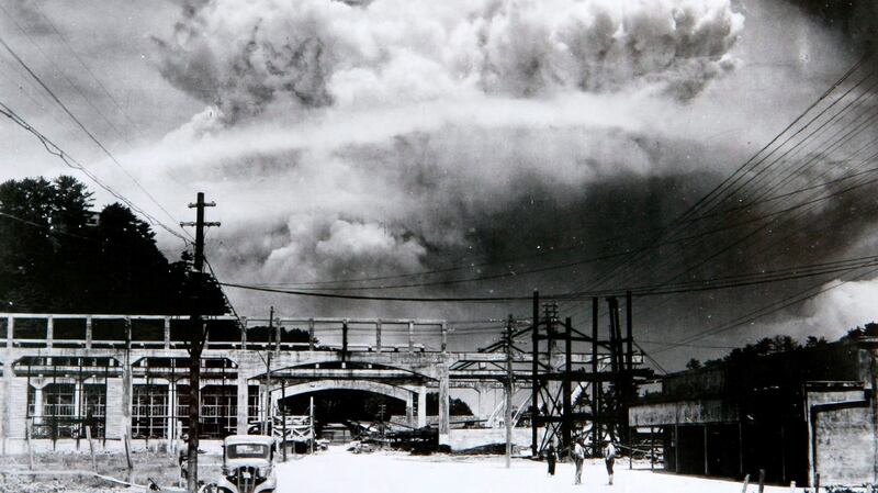 View of the mushroom cloud photographed from the ground of the August 9th, 1945 atomic bombing of Nagasaki, Japan. Photograph: Nagasaki Atomic Bomb Museum/EPA