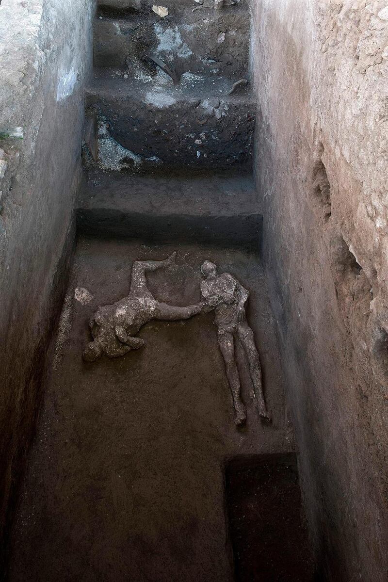 Casts of the bodies of two men after they were found during recent excavations of a villa in Civita Giuliana in the outskirts of Pompeii. Photograph: Handout/Pompeii Archaeological Park/AFP via Getty Images