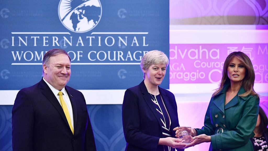 US first lady Melania Trump and US secretary of state Mike Pompeo present the 2019 International Women of Courage award to Sr Orla Treacy during a ceremony at the State Department in Washington, DC. Photograph: Mandel Ngan/AFP/Getty Images