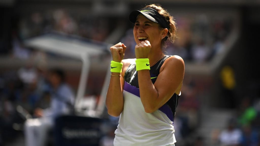 Belinda Bencic of Switzerland celebrates after winning her quarter-final match against Donna Vekic of Croatia at the US Open. Photograph: Emilee Chinn/Getty Images