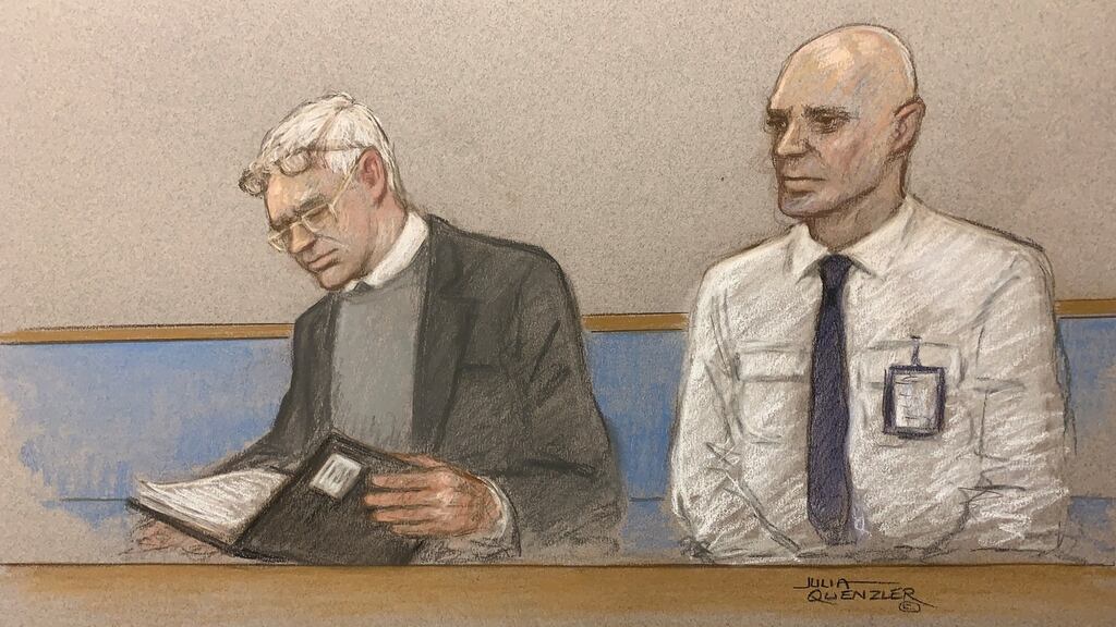 Julian Assange (left) in a courtroom sketch  during his extradition  hearing in London on Monday. Photograph: Julia Quenzler/Reuters