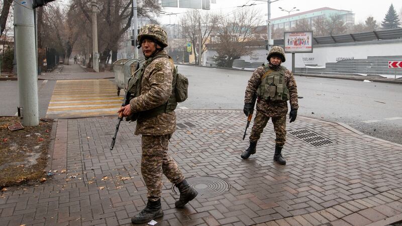 Kazakhstan’s president authorised security forces on Friday to shoot to kill those participating in unrest, opening the door for a dramatic escalation in a crackdown on anti-government protests that have turned violent. Photograph: AP Photo/Vasily Krestyaninov