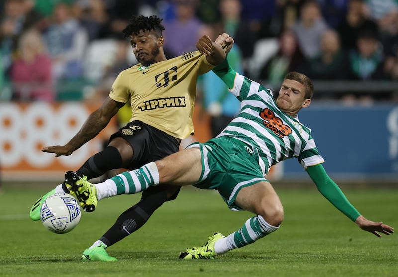 Shamrock Rovers' Sean Gannon (right) tackles Marquinhos of Ferencvaros during a Europa League playoff second-leg game at Tallaght Stadium in 2022. Photograph: Oisin Keniry/Getty Images