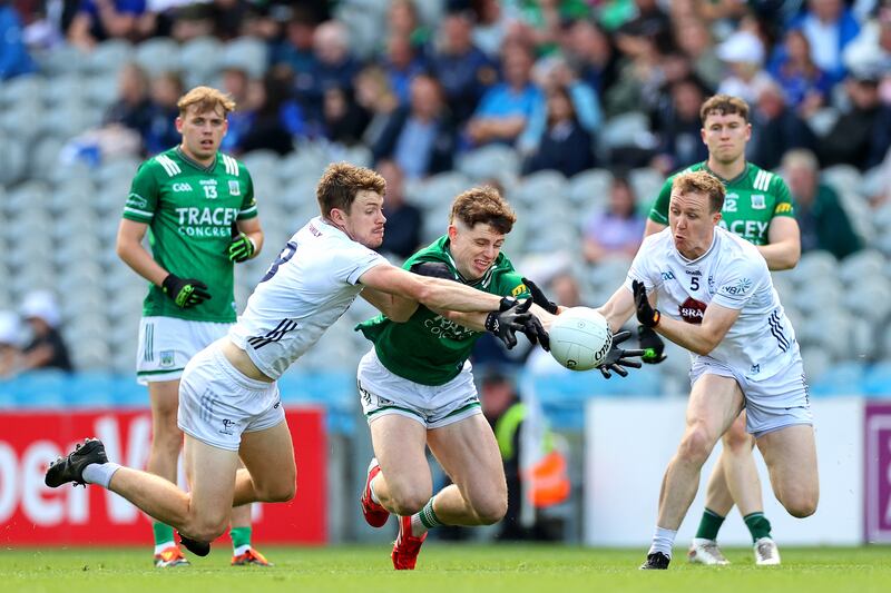 Fermanagh's Darragh McGurn in action against Kildare's Kevin Feely and Brian Byrne during this year's Tailteann Cup semi-final at Croke Park. Photograph: Tom O’Hanlon/Inpho