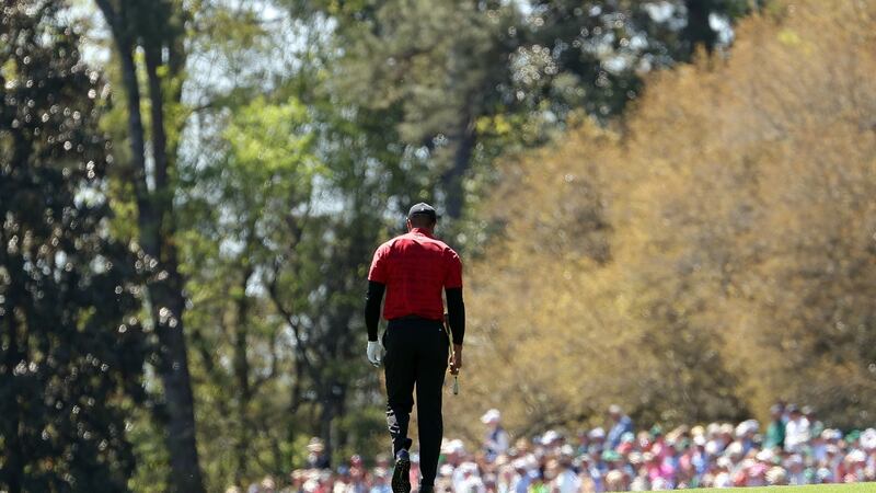 Tiger Woods, a perceptible limp part of what he is these days, walks across the fifth hole during the final round of the Masters at Augusta. Photograph: Jamie Squire/Getty Images
