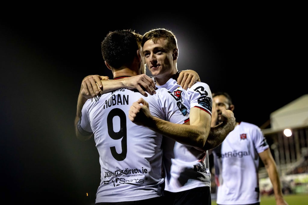 Dundalk’s Daniel Kelly congratulates goalscorer Patrick Hoban. Photograph: Morgan Treacy/Inpho