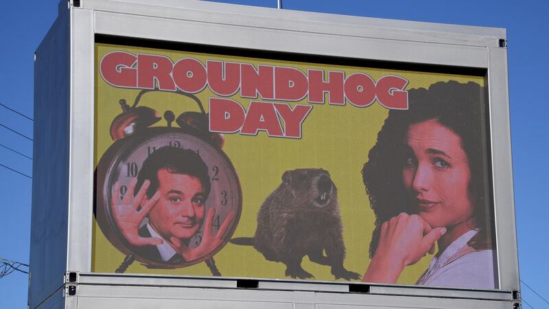 A drive-through cinema in Las Vegas advertises the film Groundhog Day in 2021: the 1993 comedy has proven enduringly popular. Photograph: Ethan Miller/Getty Images