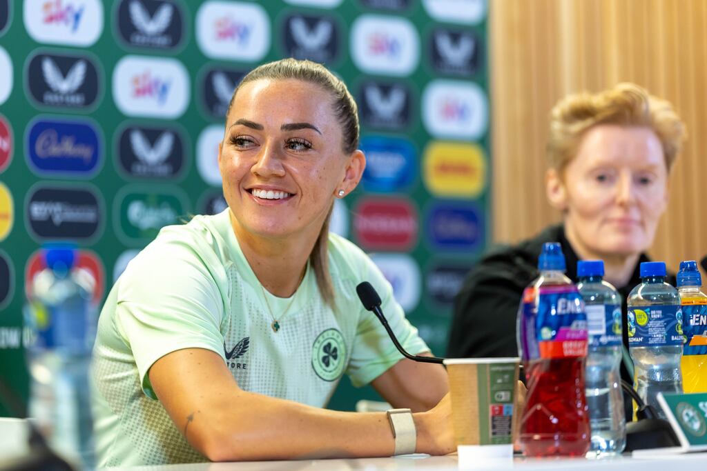 Republic of Ireland captain Katie McCabe and head coach Eileen Gleeson at their press conference at the Aviva Stadium on Monday. Photograph: Morgan Treacy/Inpho