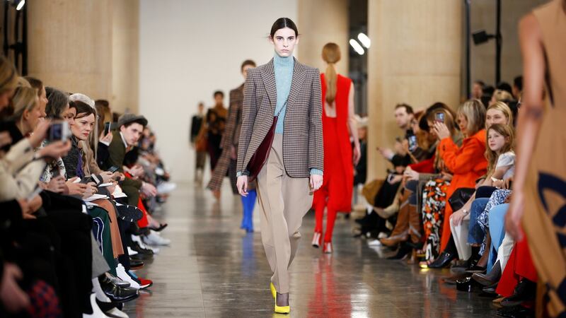 Models present creations at the Victoria Beckham show during London Fashion Week at Tate Britain. Photograph: Henry Nicholls/Reuters