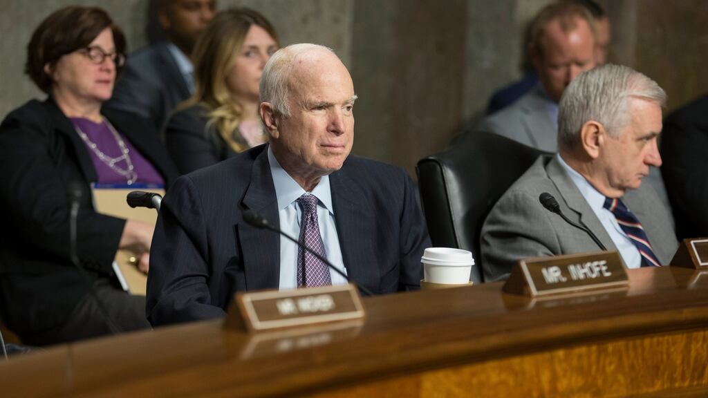Chairman of the Senate Armed Services Committee Republican Senator from Arizona John McCain (L) and Democratic Senator from Rhode Island Jack Reed (R) attend an Armed Services Committee hearing on Capitol Hill in Washington, . Photograph: Michael Reynolds/EPA