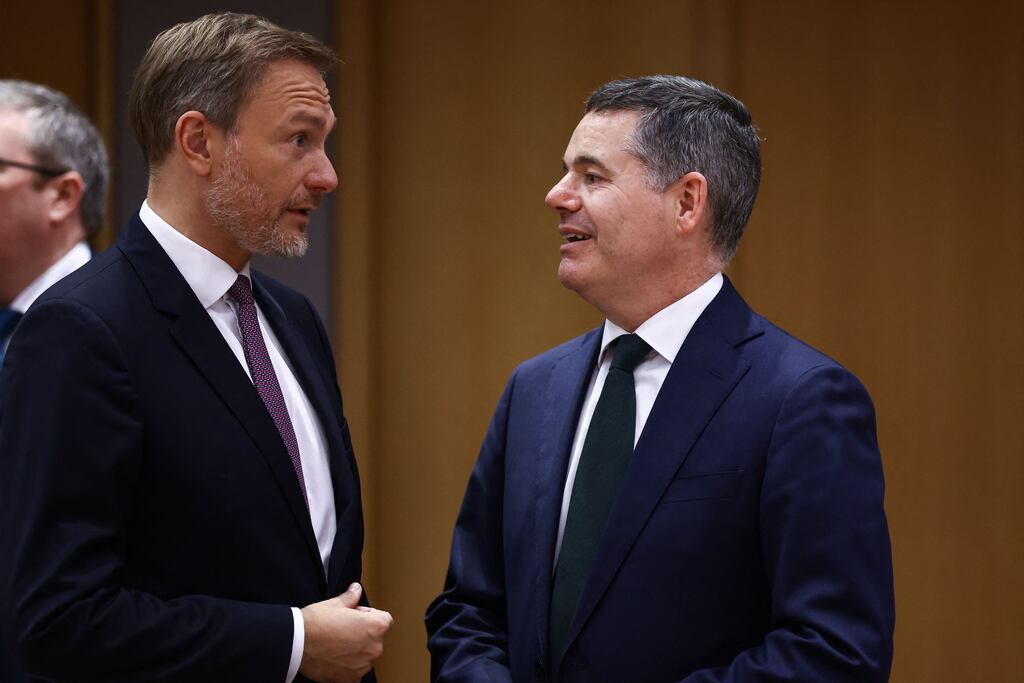 Germany's minister for finance Christian Lindner and Eurogroup president Paschal Donohoe. Photograph: Kenzo Tribouillard/AFP via Getty Images