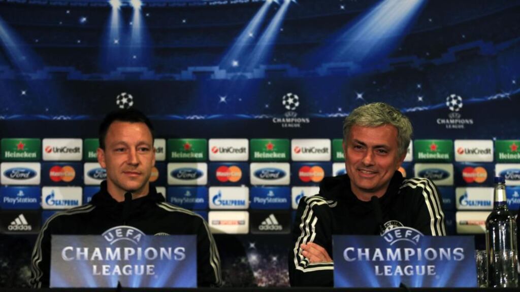Chelsea manager Jose Mourinho with captain John Terry during a press conference at Stamford Bridge ahead of the Champions League semi-final second leg against Atletico Madrid on Wednesday. Photograph: Nick Potts/PA