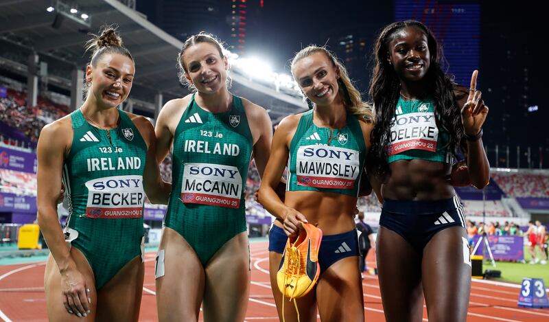 Ireland’s Sophie Becker, Rachel McCann, Sharlene Mawdsley and Rhasidat Adeleke celebrate their win at the World Athletics Relay Championships in Guangzhou, China, in May. Photograph: Tocko Mackic/Inpho