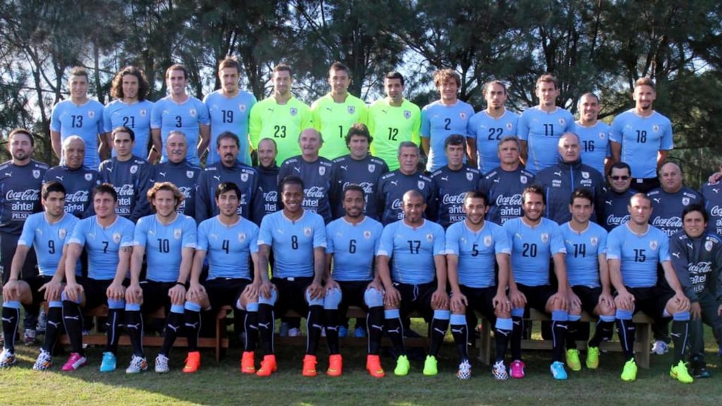 Uruguay’s national soccer team pose for the official World Cup squad photo. Photograph: Reuters