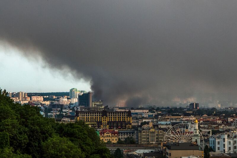Clouds of smoke rise above the Ukrainian capital following an overnight attack. Photograph: Maxym Marusenko/EPA