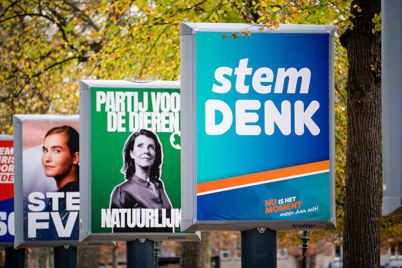 Election campaign posters along the Hofvijver lake in The Hague. Photograph: Lina Selg/Bloomberg