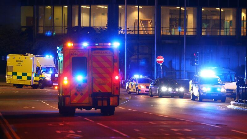 Emergency services arrive close to the Manchester Arena. Photograph: Dave Thompson/Getty Images