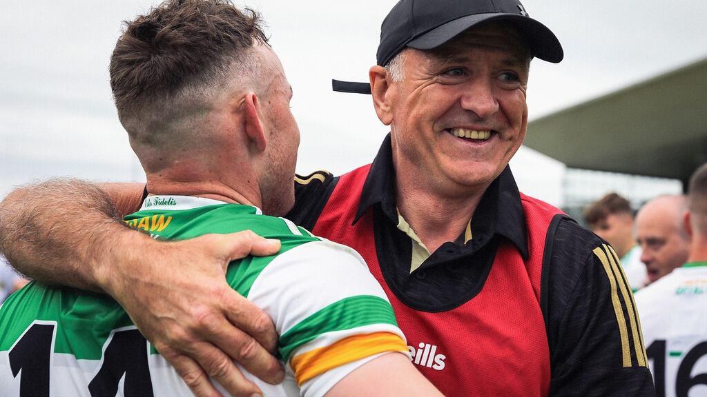 Offaly manager John Maughan and Cian Farrell celebrate after the Allianz Football League Division 3 semi-final win over Fermanagh at Bord na Mona O’Connor Park in Tullamore. Photograph: Brian Reilly-Troy/Inpho