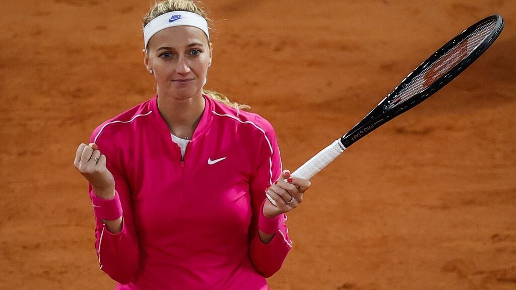 Czech Republic’s Petra Kvitova celebrates after winning her fourth-round game against China’s Zhang Shuai at the French Open at Roland Garros in Paris. Photograph: Thomas Samson/AFP via Getty Images