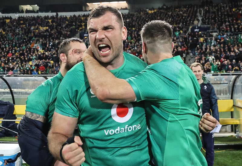 Tadhg Beirne and Johnny Sexton celebrate at the end of the third Test against New Zealand at Sky Stadium in Wellington in July. Photograph:
Billy Stickland/Inpho