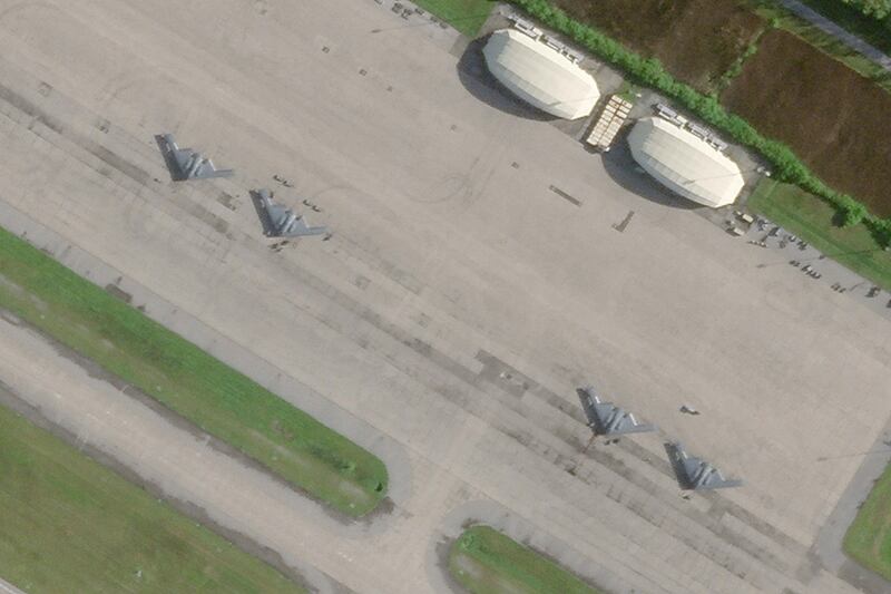 This satellite photo from Planet Labs PBC shows four B2 stealth bombers parked at Camp Thunder Cove in Diego Garcia. Photograph: (Planet Labs PBC/AP