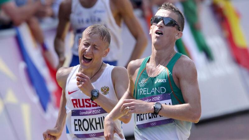 Rob Heffernan finishing fourth in the Men’s 50km Race Walk at the London Olympics in 2012. Photograph: Morgan Treacy/INPHO