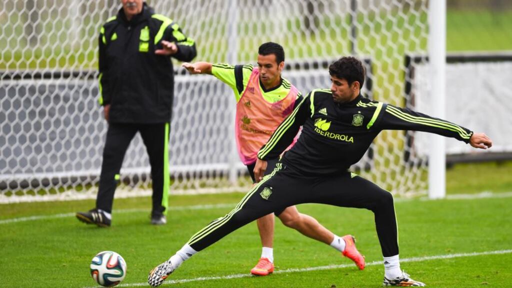 Diego Costa, pictured here in Spanish training with Pedro Rodriguez, has confirmed that his move to Chelsea from Atletico Madrid is imminent. Photograph: David Ramos/Getty Images
