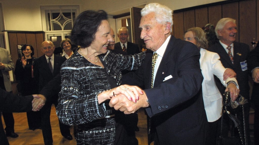 Canadian Czech-born Sonja Bata with her husband, businessman Tomas Bata – the owner of the Bata global shoe empire – celebrating his 90th birthday in 2004. Photograph: Jan Karasek/AFP/Getty Images