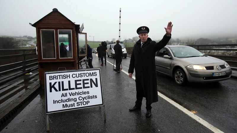A mock customs post set up by anti-Brexit campaigners at Ravensdale, Co Louth, in April. Photograph: Niall Carson/PA Wire