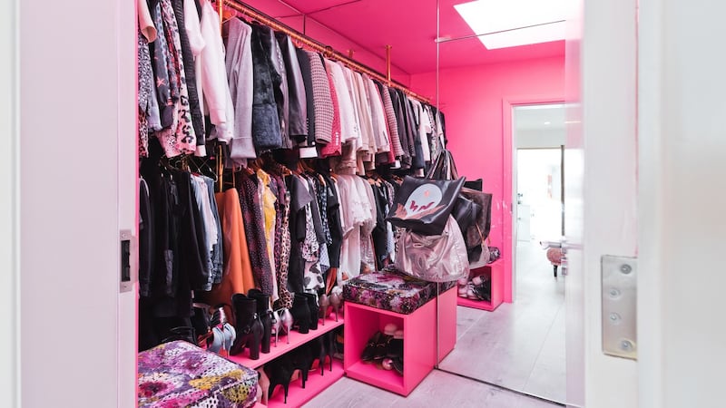 The shocking pink dressing room.