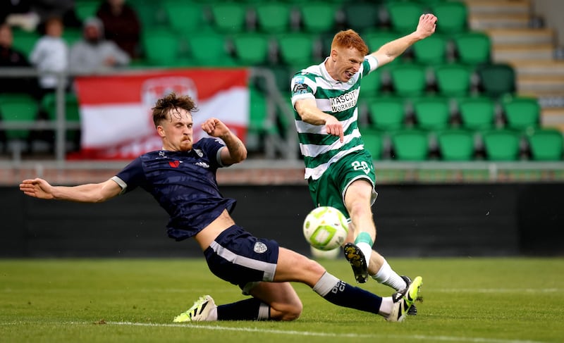 Rory Gaffney scores the second goal of the game. Photograph: Ryan Byrne/INPHO