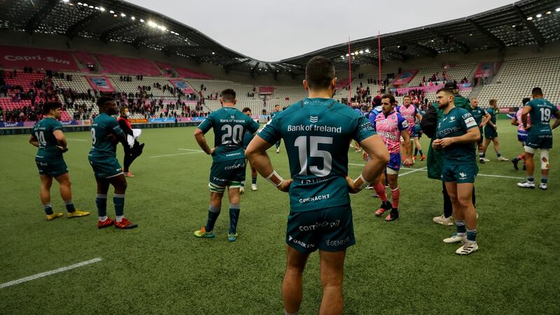 Connacht dejected after defeat to Stade Français in their Heineken Champions Cup Round 4 match at Stade Jean-Bouin in Paris, on Sunday. Photograph: James Crombie/Inpho