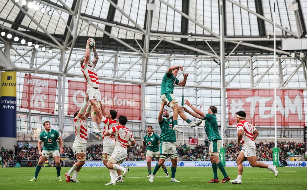 Warner Dearns of Japan wins a lineout. Photograph: Gary CarrInpho