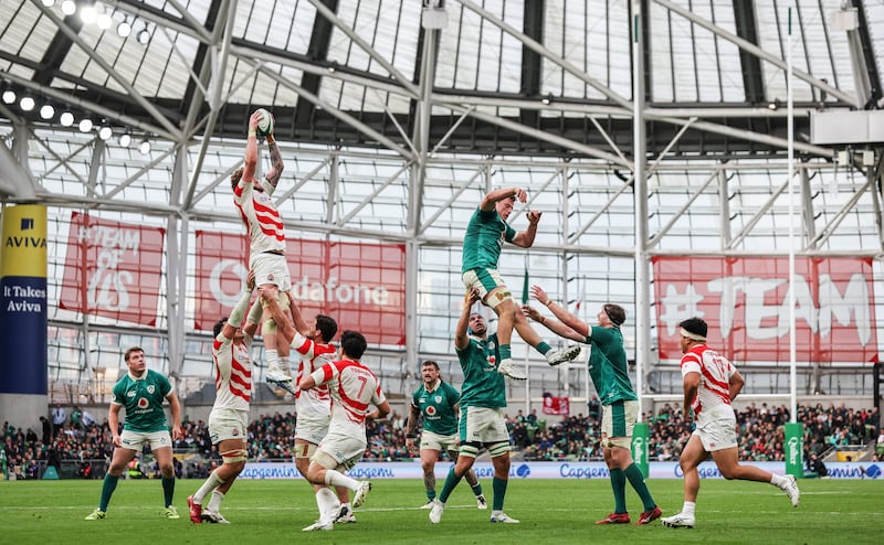 Warner Dearns of Japan wins a lineout. Photograph: Gary Carr/Inpho