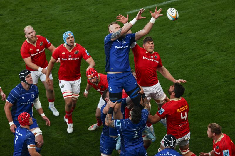Leinster’s RG Snyman wins a lineout ahead of Munster's Jack O’Donoghue. Photograph: Tom Maher/Inpho