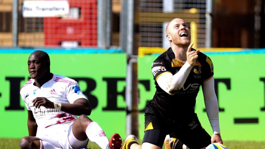 Wasps’ Joe Simpson celebrates after scoring a try during the European Rugby Champions Cup play-off first leg match against Stade Francais Paris at Adams Park, High Wycombe, England. Photograph: Getty Images