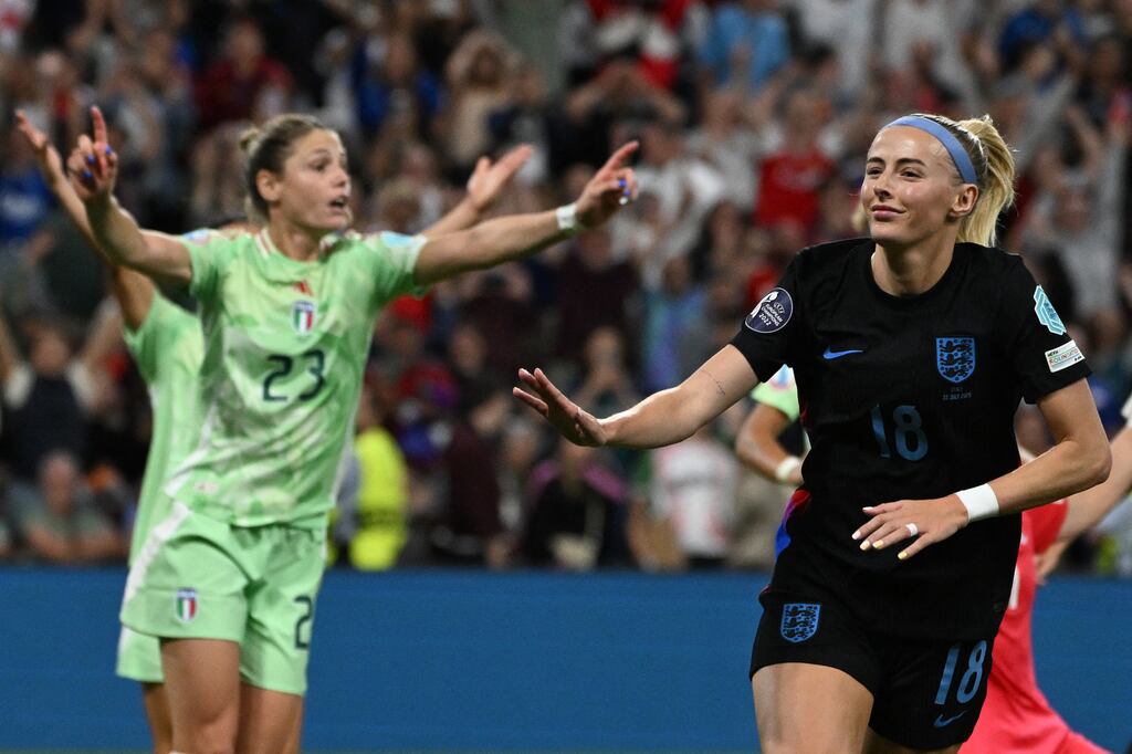 England's forward Chloe Kelly celebrates after scoring England's winner against Italy during extra-time in Geneva on Tuesday night. Photograph: Miguel Medina/AFP via Getty Images