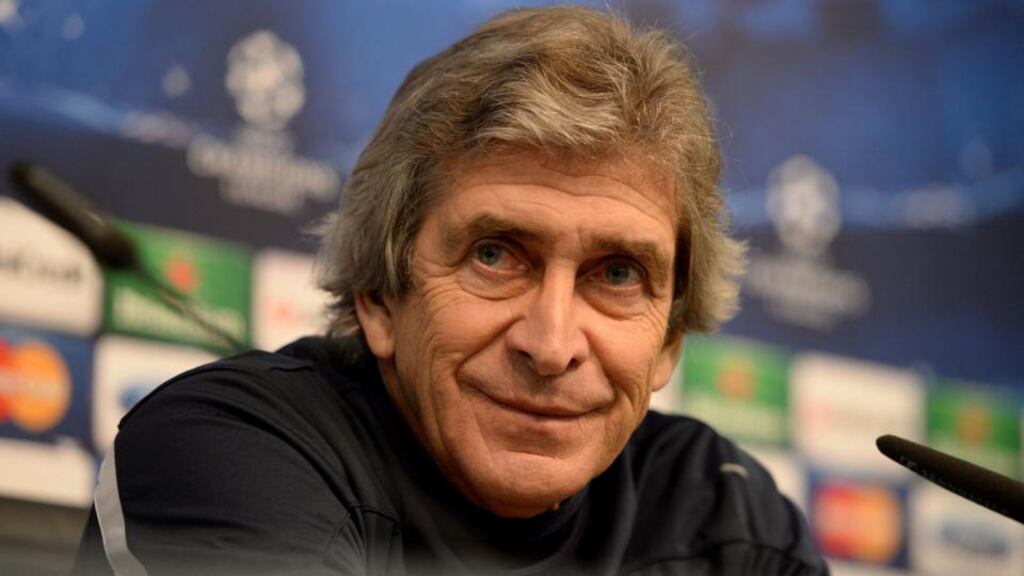 Manchester City manager Manuel Pellegrini speaks during today’s press conference at the Etihad Stadium. Photograph: Martin Rickett/PA