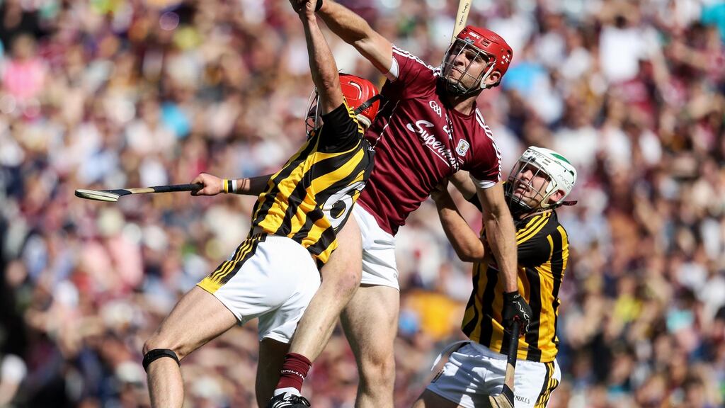 Galway’s Jonathan Glynn battles in the air against Kilkenny’s Cillian Buckley  during the Leinster final at Croke Park. Photograph: Tommy Dickson/Inpho