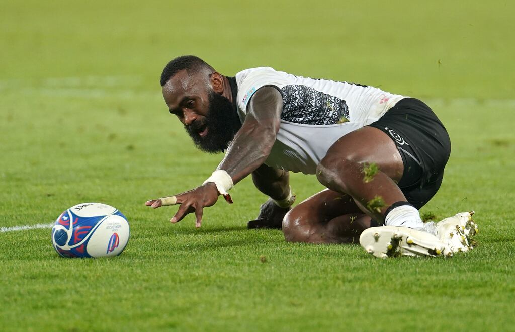 Fiji's Semi Radradra spills the ball to miss out on a possible try at the end of the game against Wales. Photograph: David Davies/PA Wire