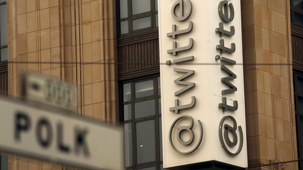The Twitter logo is shown at its corporate headquarters in San Francisco, California