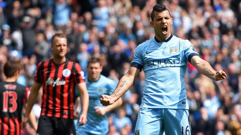 Sergio Agüero celebrates after scoring Manchester City’s fourth goal fagainst QPR at the Etihad Stadium. Photograph: Michael Regan/Getty Images