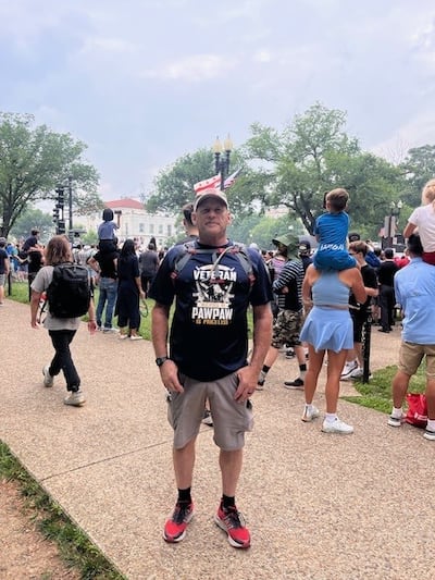 Mike Frey, an army engineer of 20 years, stopped to chat as the tanks rolled by. Photograph: Keith Duggan