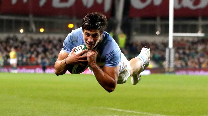 Argentina’s Bautista Delguy scores a try during the autumn international against Ireland at the Aviva stadium. Photograph: Bryan Keane/Inpho